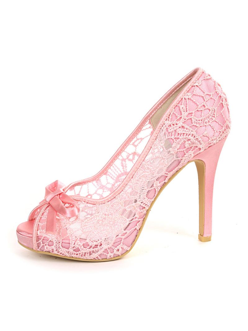 Dames Bruiloft Kanten Strikken Peep Toe Stiletto Hak Bruidsschoenen - Roze