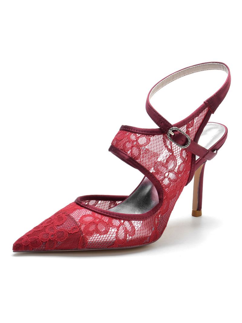 Dames Kanten Bruidsschoenen Met Slingback Hakken - Bordeauxrood