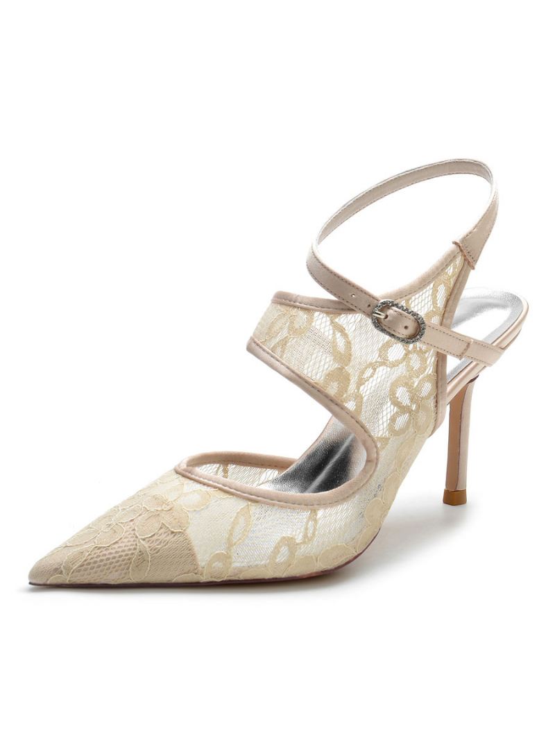 Dames Kanten Bruidsschoenen Met Slingback Hakken - Champagne