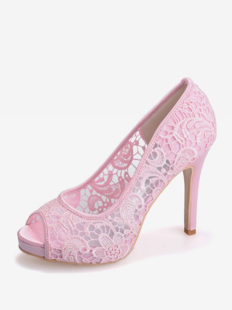 Dames Platform Kant Bruids Hakken Peep Toe - Roze