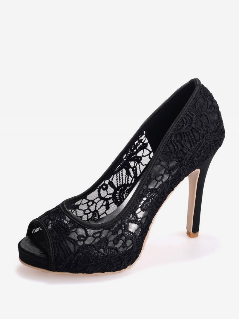 Dames Platform Kant Bruids Hakken Peep Toe - Zwart