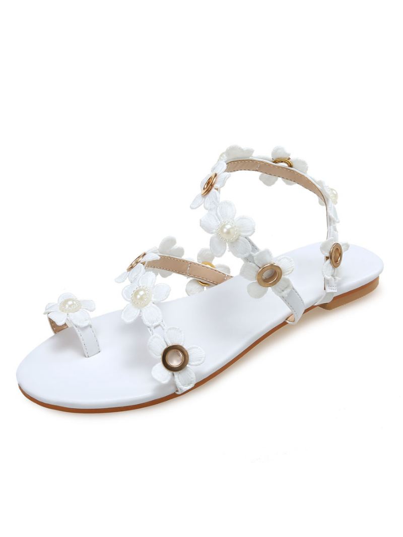 Dames Platte Boho Bruiloft Sandalen Floral Beach - Wit