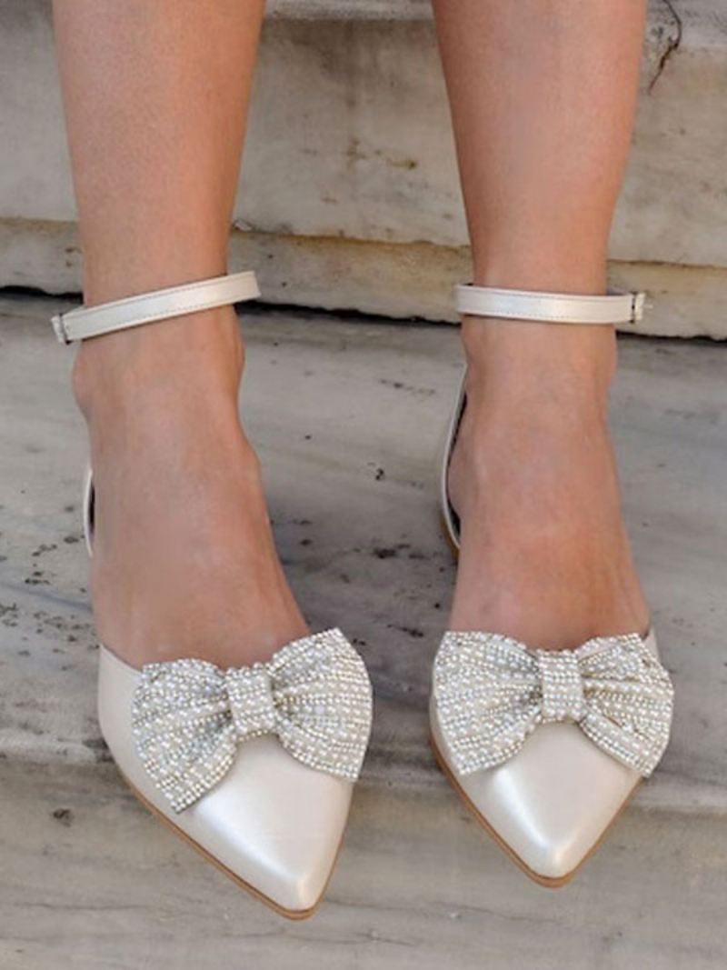 Dames Platte Trouwschoenen Puntige Neus Strass Steentjes Strikken Enkelbandje Pumps - Beige