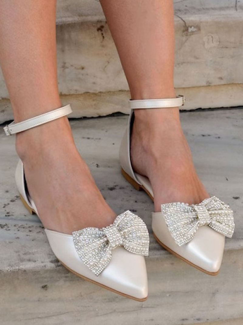 Dames Platte Trouwschoenen Puntige Neus Strass Steentjes Strikken Enkelbandje Pumps - Beige