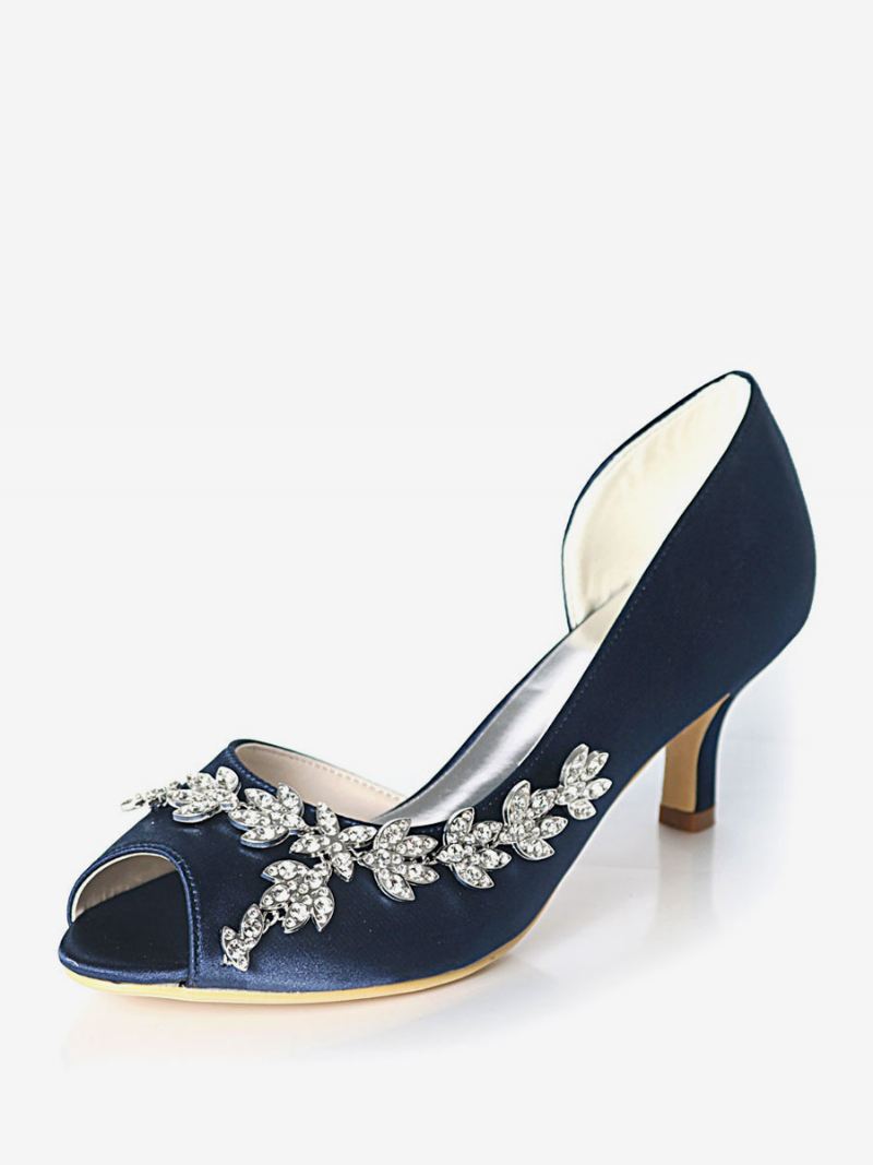 Dames Strass Dorsay Bruidspumps Kitten Heel - Donker Marineblauw