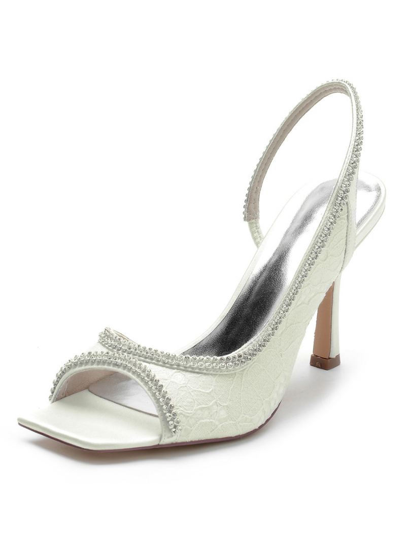 Dames Strass Kanten Slingback Stiletto Hak Bruidssandalen - Ivoor