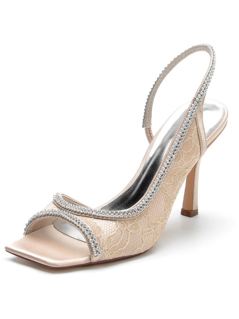 Dames Strass Kanten Slingback Stiletto Hak Bruidssandalen - Champagne