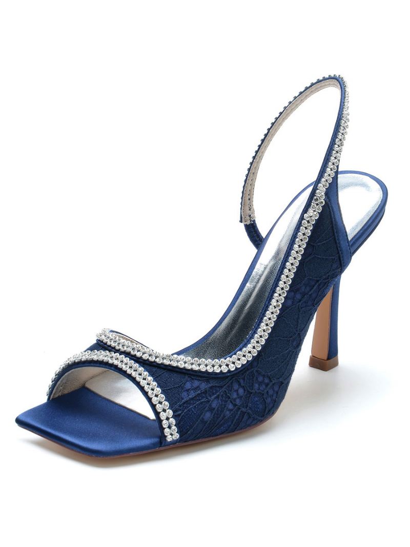 Dames Strass Kanten Slingback Stiletto Hak Bruidssandalen - Diepblauw