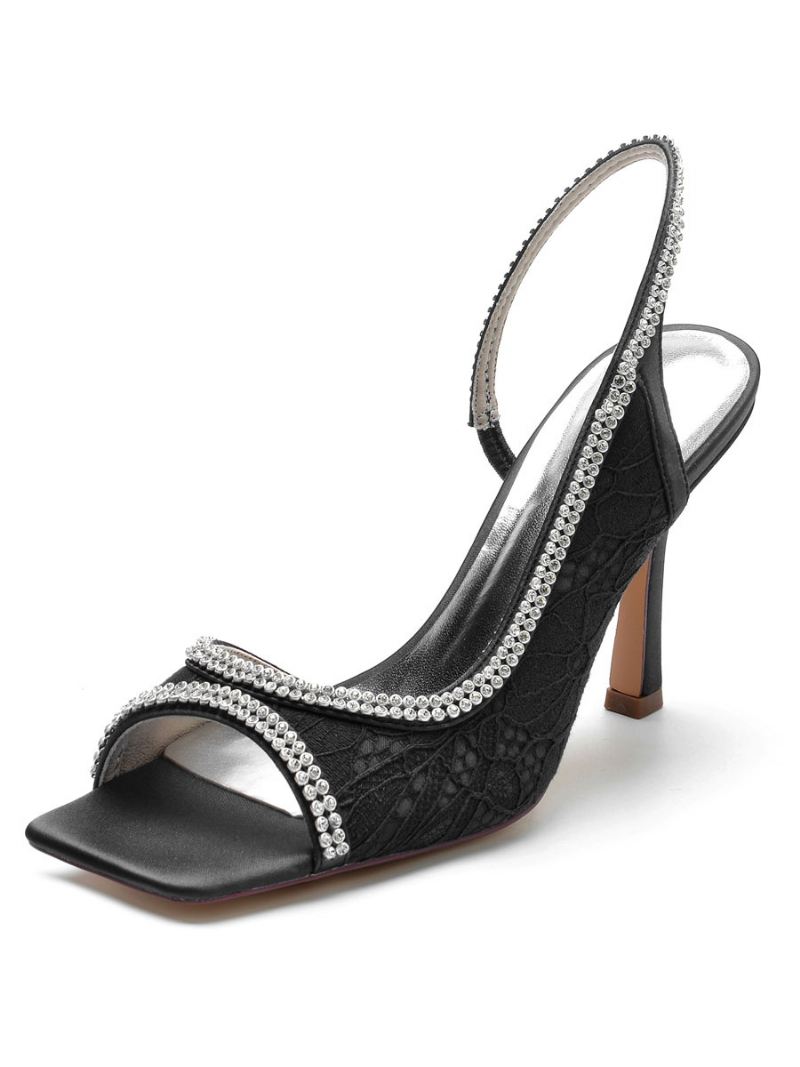 Dames Strass Kanten Slingback Stiletto Hak Bruidssandalen - Zwart