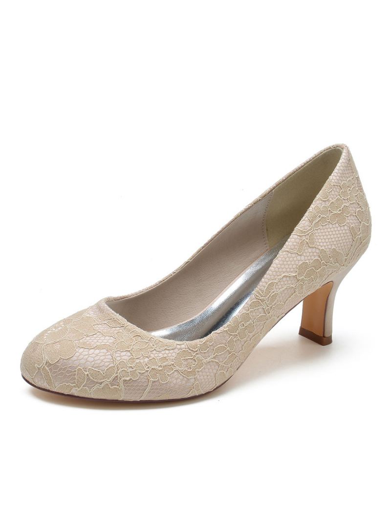 Dames Trouwschoenen Met Kanten Ronde Neus Dikke Hakpumps - Champagne