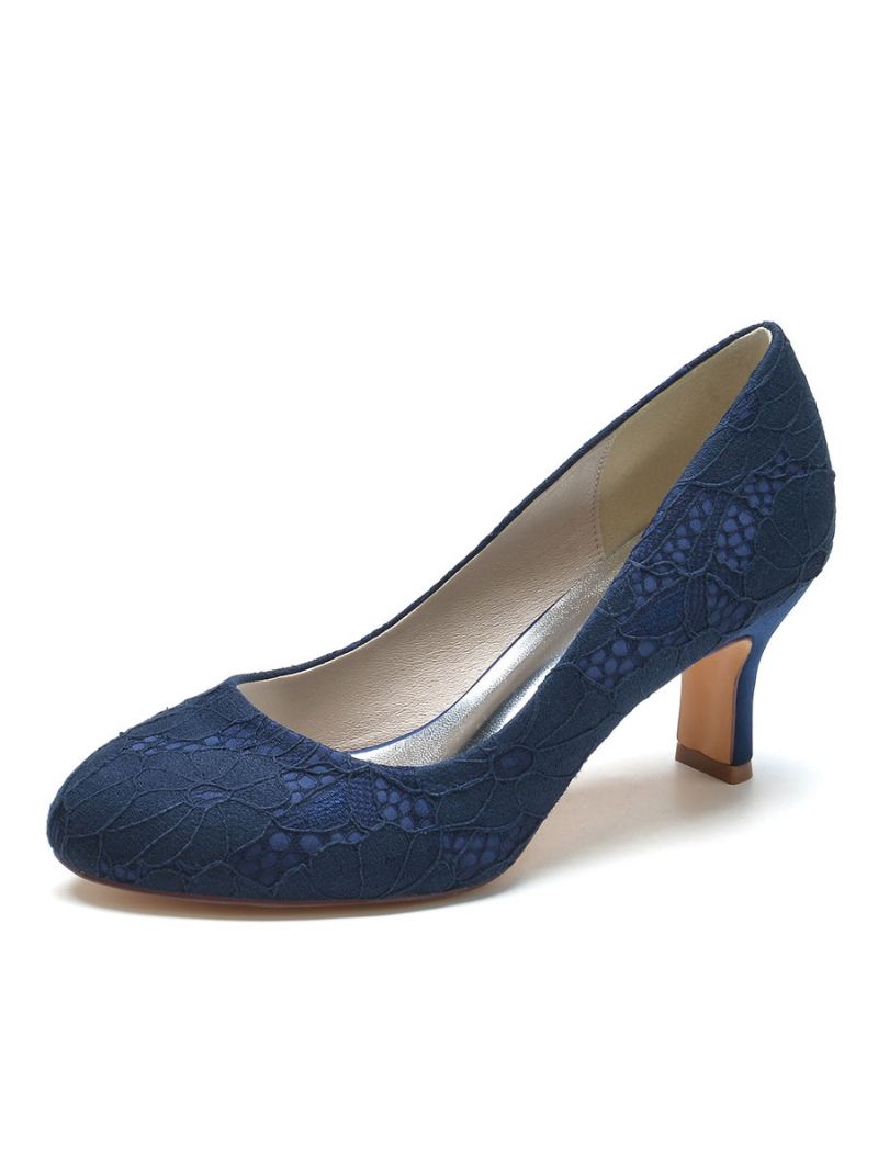 Dames Trouwschoenen Met Kanten Ronde Neus Dikke Hakpumps - Diepblauw