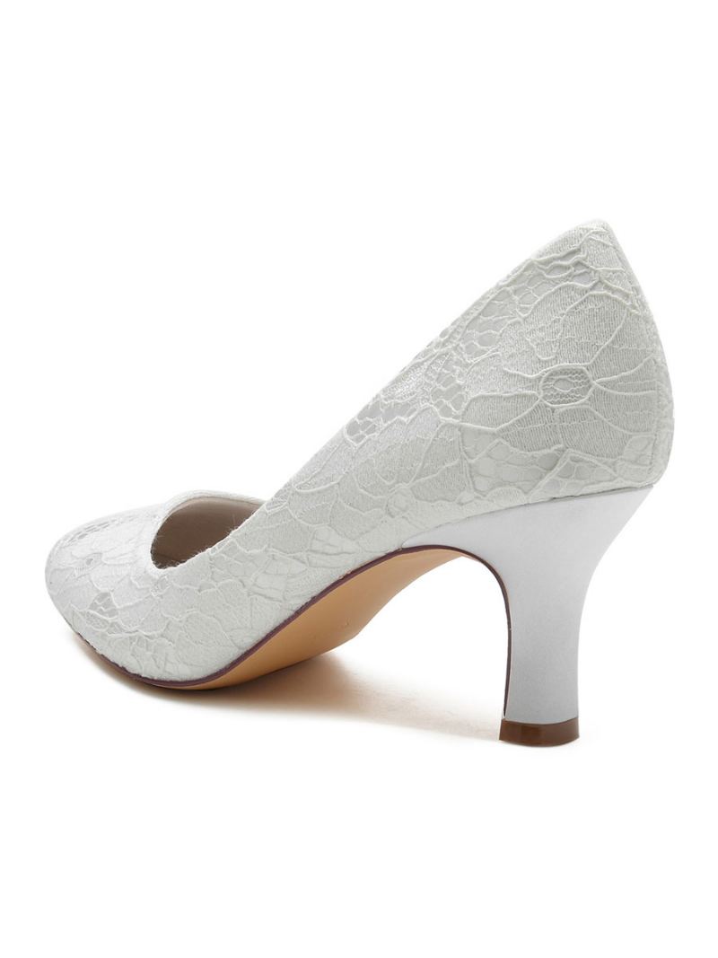 Dames Trouwschoenen Met Kanten Ronde Neus Dikke Hakpumps - Wit