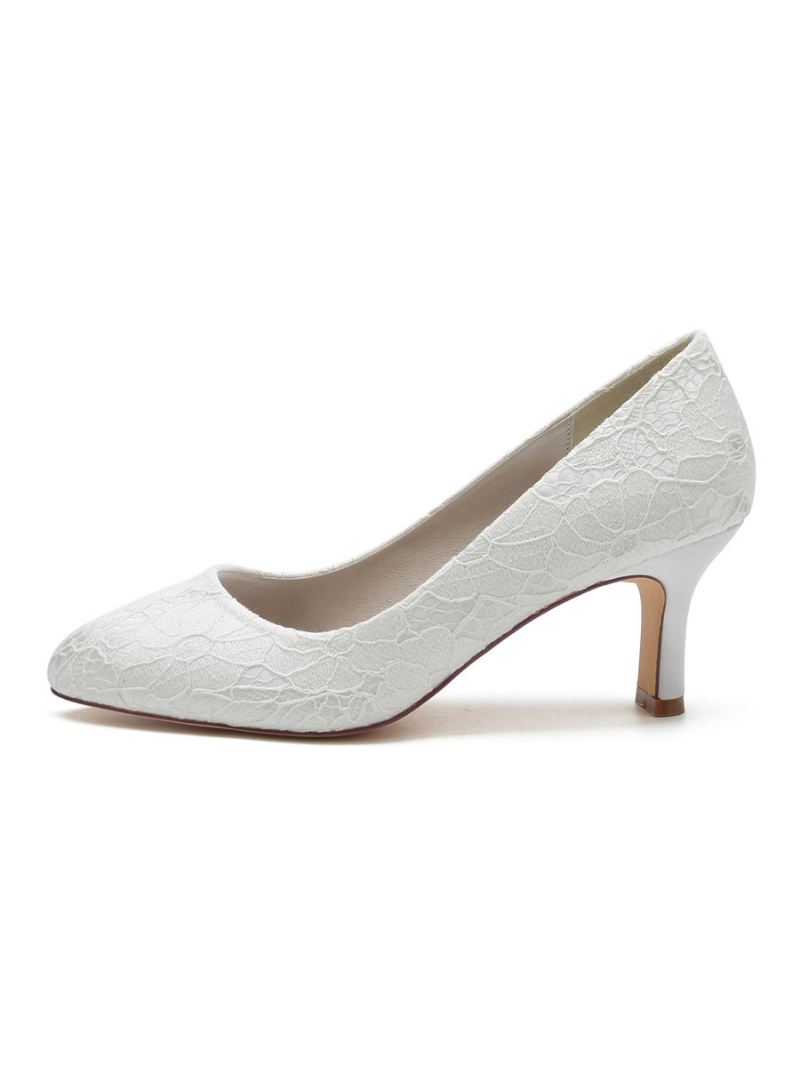 Dames Trouwschoenen Met Kanten Ronde Neus Dikke Hakpumps - Wit