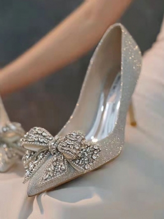 Dames Trouwschoenen Met Lovertjes Zilver Puntige Neus Strass Strik Feestschoenen Naaldhak