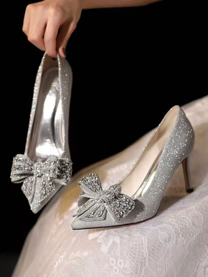 Dames Trouwschoenen Met Lovertjes Zilver Puntige Neus Strass Strik Feestschoenen Naaldhak - Zilver