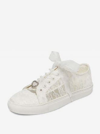 Dames Trouwschoenen Metalen Details Canvas Platte Bruidssneakers Met Ronde Neus