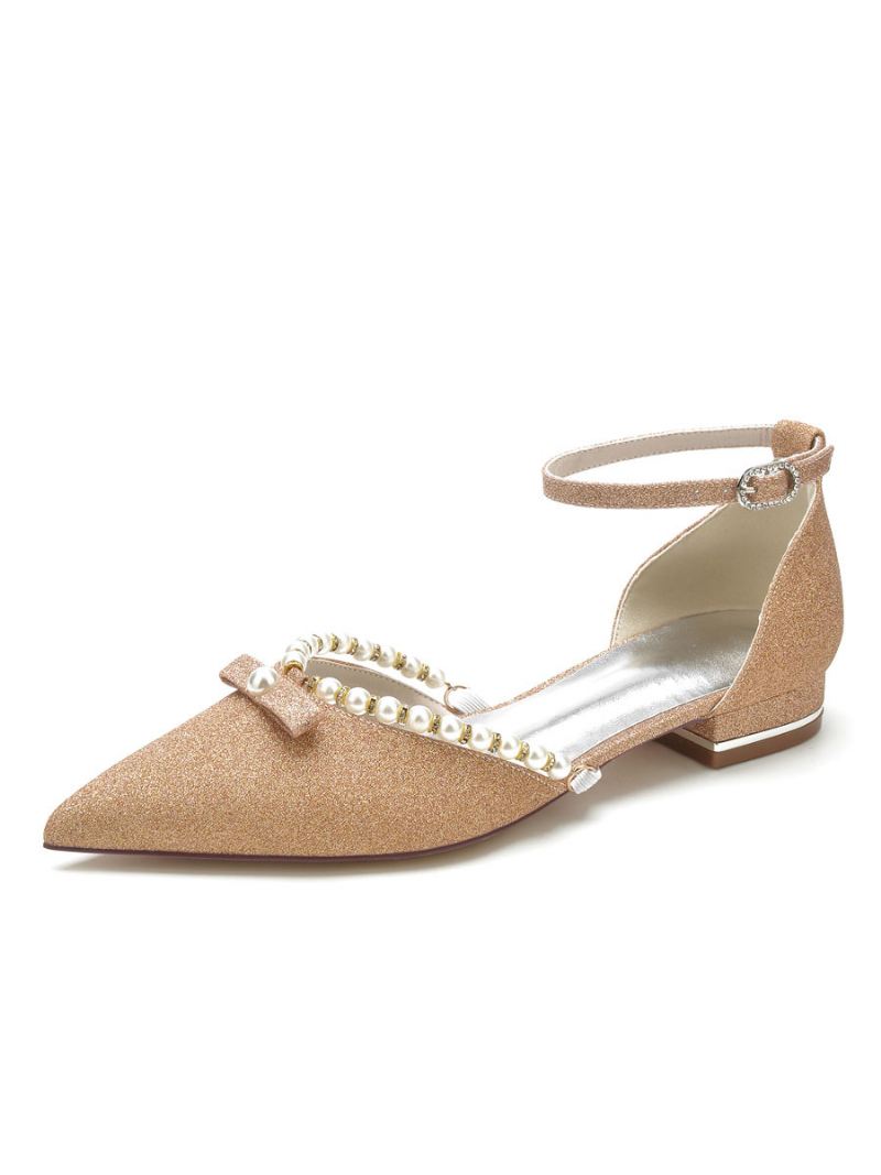 Dames Trouwschoenen Parels Enkelbandje Flats - Champagne