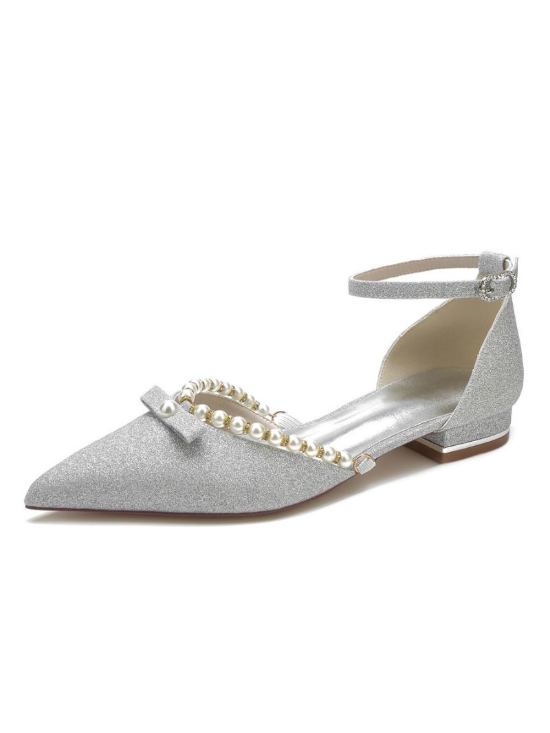 Dames Trouwschoenen Parels Enkelbandje Flats - Zilver