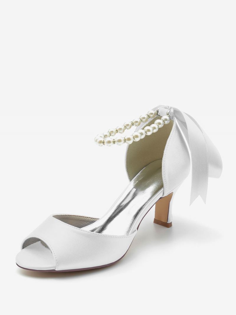 Dames Trouwschoenen Satijn Witte Parels Peep Toe Strik Enkelbandje Pumps