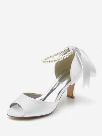 Dames Trouwschoenen Satijn Witte Parels Peep Toe Strik Enkelbandje Pumps