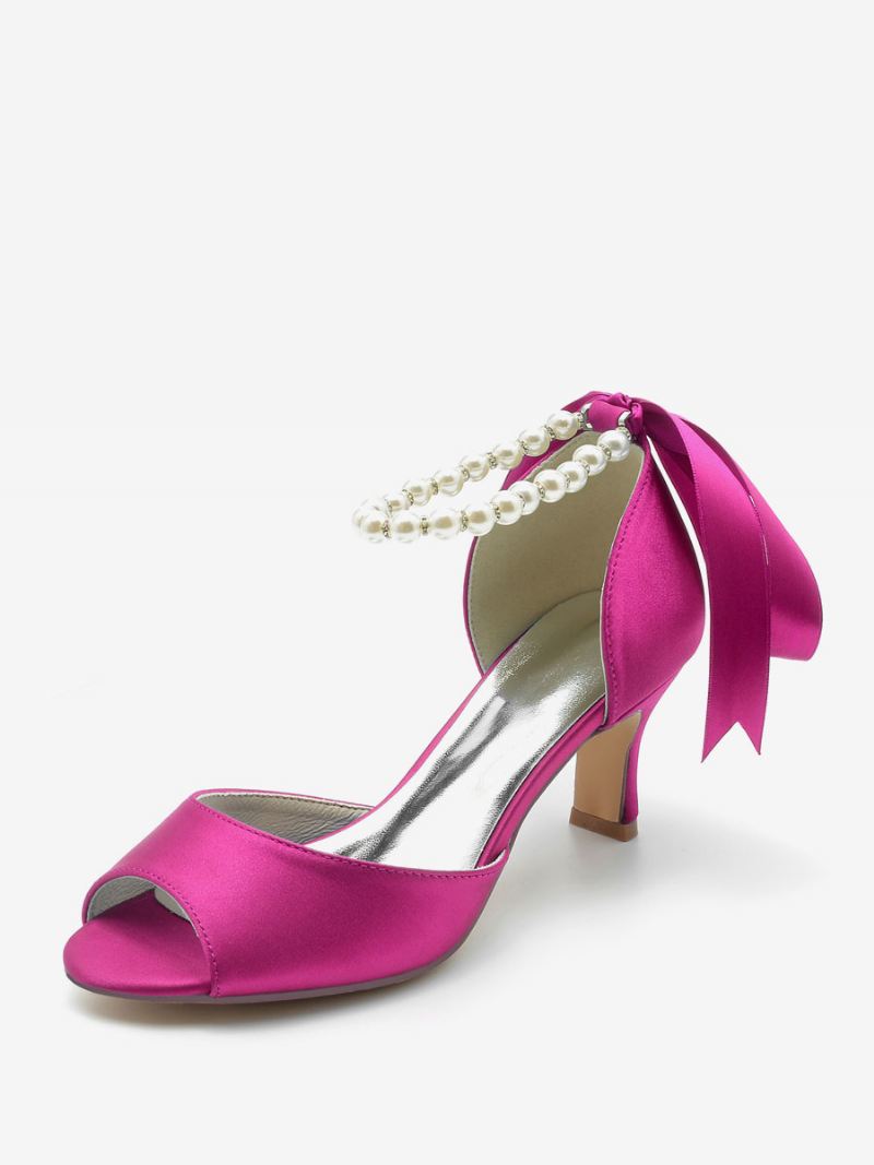 Dames Trouwschoenen Satijn Witte Parels Peep Toe Strik Enkelbandje Pumps - Rose