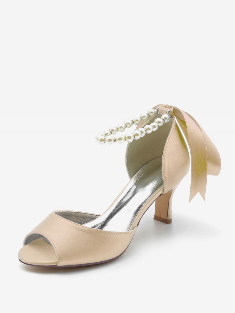 Dames Trouwschoenen Satijn Witte Parels Peep Toe Strik Enkelbandje Pumps - Champagne