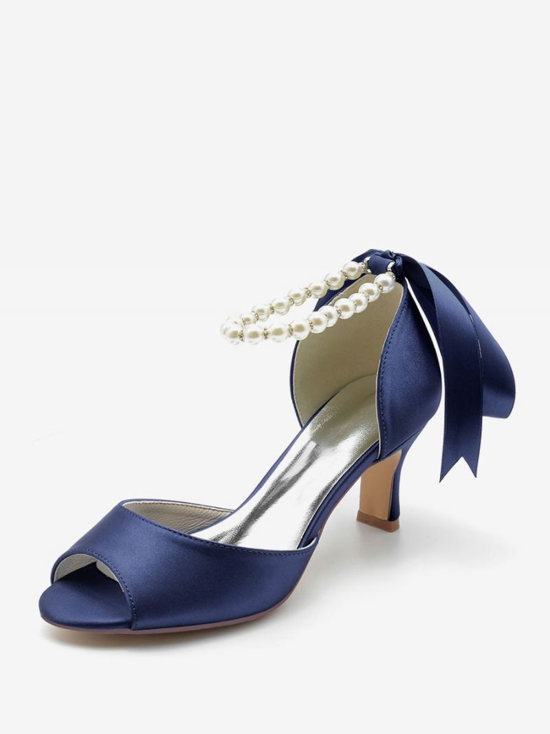 Dames Trouwschoenen Satijn Witte Parels Peep Toe Strik Enkelbandje Pumps - Diepblauw