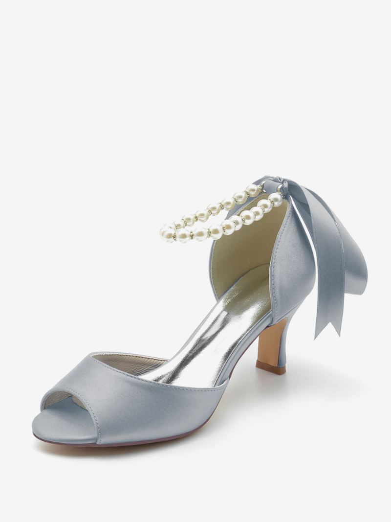 Dames Trouwschoenen Satijn Witte Parels Peep Toe Strik Enkelbandje Pumps - Zilver