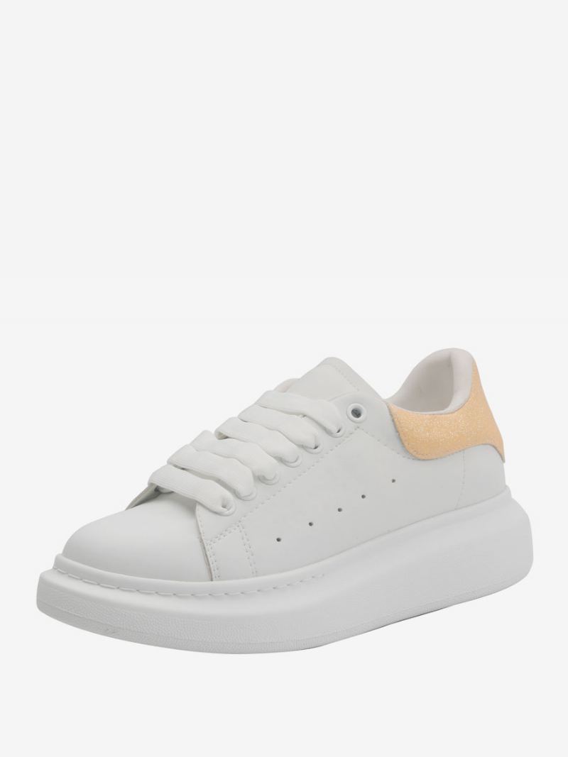 Dames Witte Sneakers Met Ronde Neus Veterschoenen - Geel