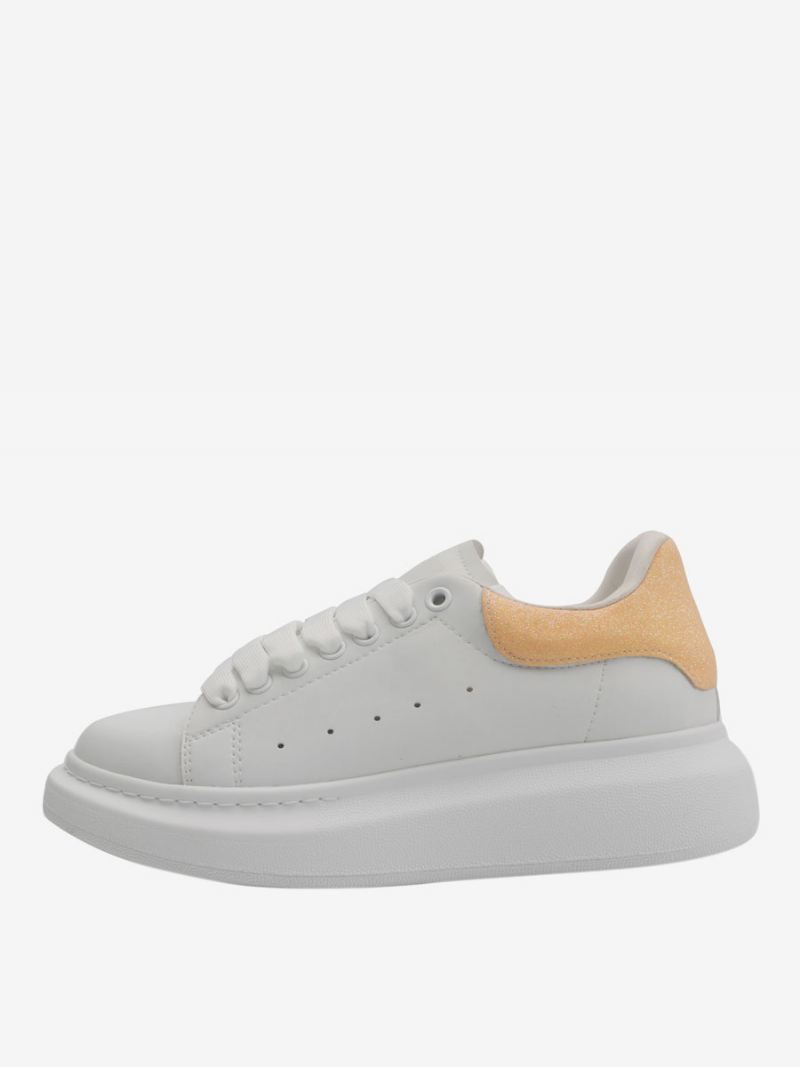 Dames Witte Sneakers Met Ronde Neus Veterschoenen - Geel