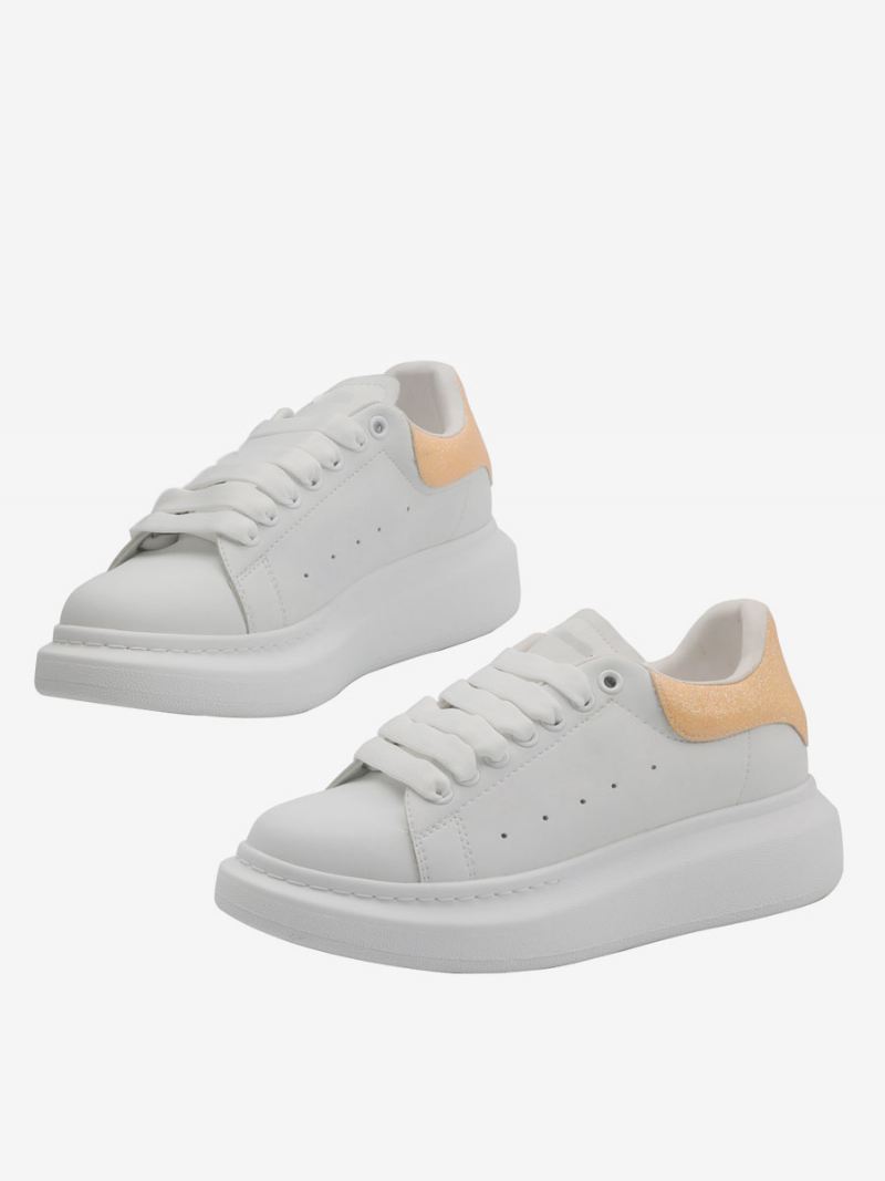 Dames Witte Sneakers Met Ronde Neus Veterschoenen - Geel