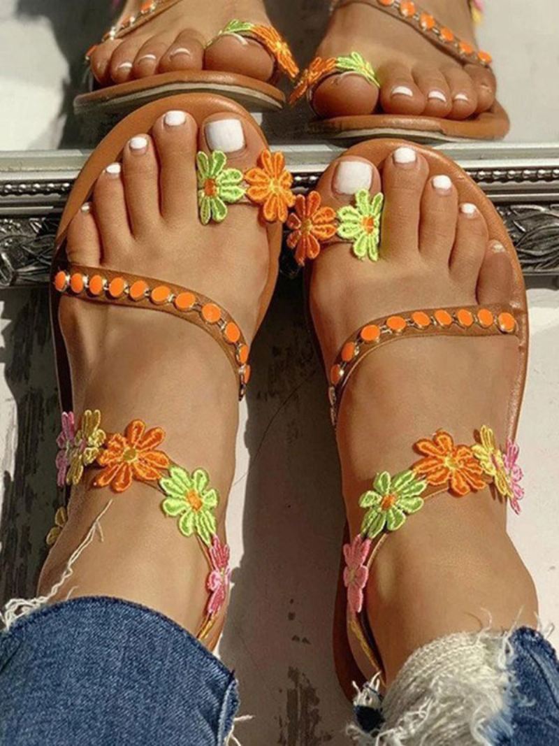 Damesbloemen Platte Strand Boho Bruiloft Sandalen - Koffie Bruin