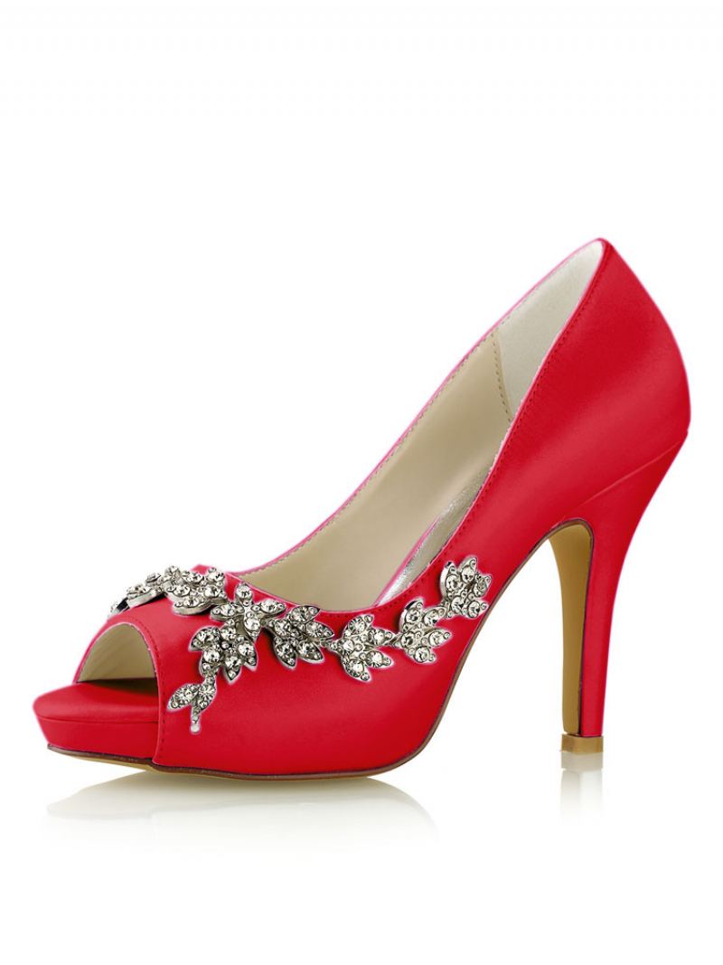 Damesbruiloftpumps Met Strass-platform Naaldhakken - Rood