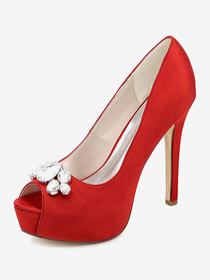 Damesplatform-trouwschoenen Peep Toe Naaldhakpumps Satijn - Rood