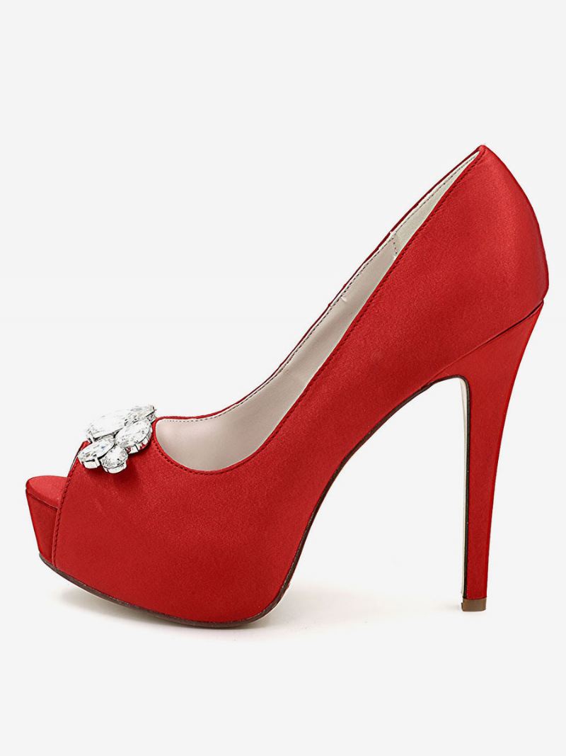 Damesplatform-trouwschoenen Peep Toe Naaldhakpumps Satijn - Rood