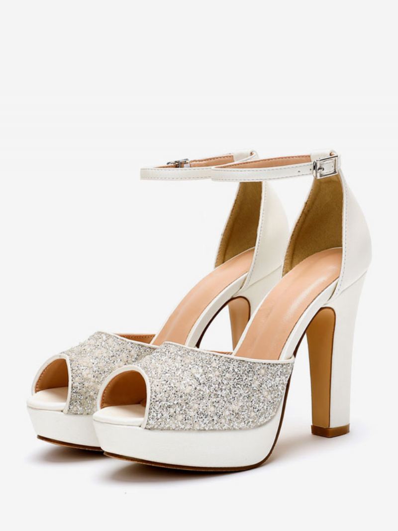 Damespumps Met Glitterbruiloft Pu-leer Peep Toe Parels Hoge Hak Bruidspumps