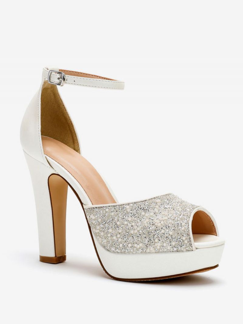 Damespumps Met Glitterbruiloft Pu-leer Peep Toe Parels Hoge Hak Bruidspumps - Wit