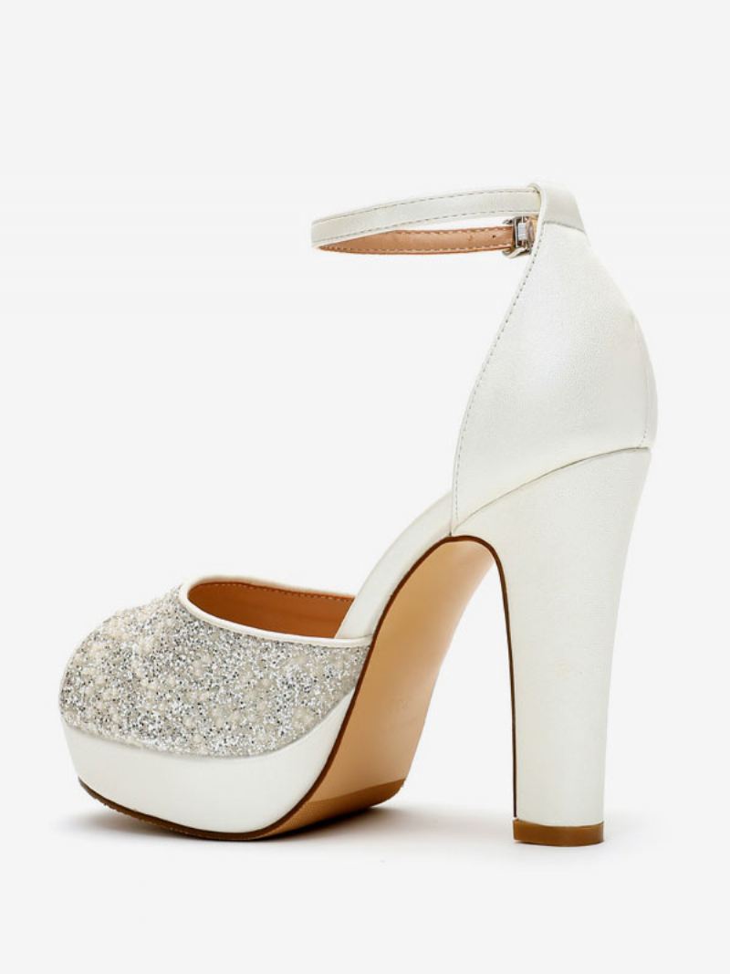 Damespumps Met Glitterbruiloft Pu-leer Peep Toe Parels Hoge Hak Bruidspumps - Wit