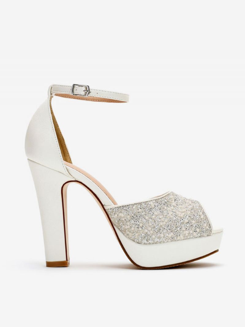 Damespumps Met Glitterbruiloft Pu-leer Peep Toe Parels Hoge Hak Bruidspumps - Wit