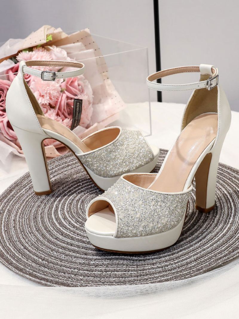 Damespumps Met Glitterbruiloft Pu-leer Peep Toe Parels Hoge Hak Bruidspumps - Wit