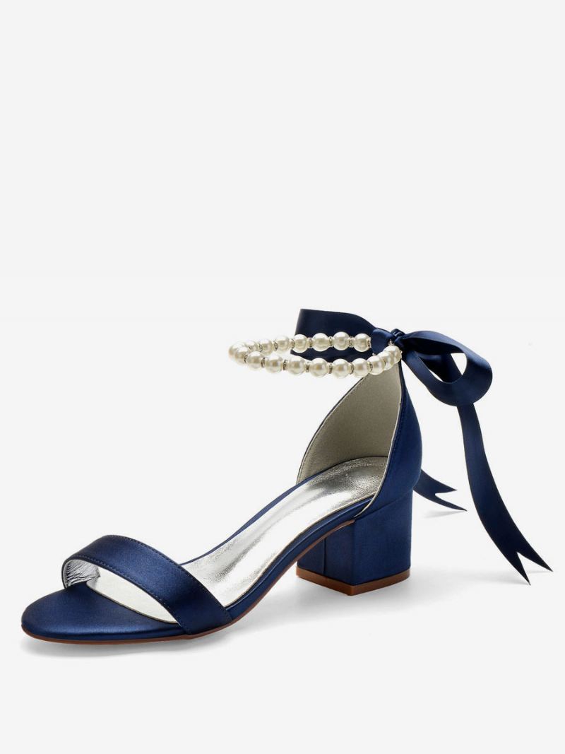 Damesschoenen Met Strikband Sandalen Enkelbandje Blokhak - Diepblauw