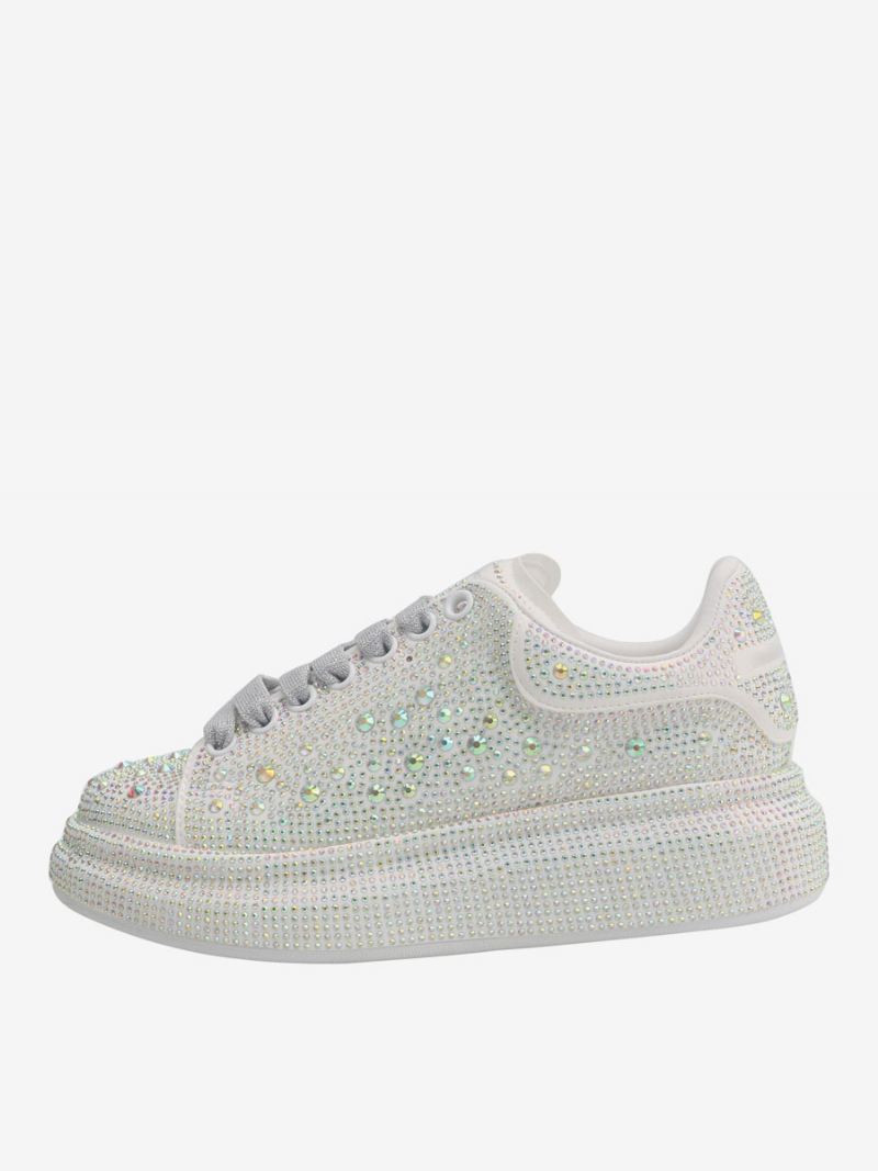 Damessneakers Witte Strass Trouwschoenen Met Veters - Wit