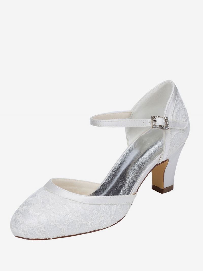 Elegante Tweedelige Trouwschoenen Dames Witte Kanten Bruidsschoenen Met Ronde Neus Dikke Hak - Wit