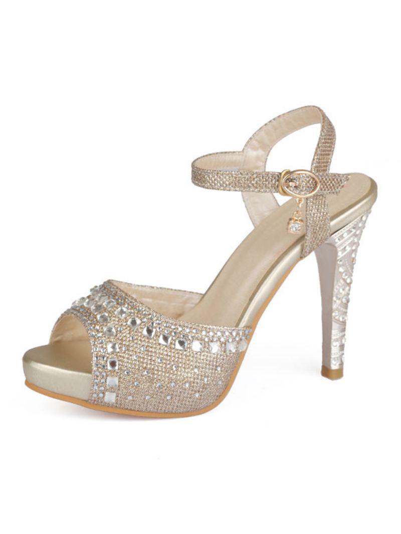 Gouden Avondschoenen Dames Peep Toe Strass Hoge Hak Sandalen Moeder Bruid Schoenen