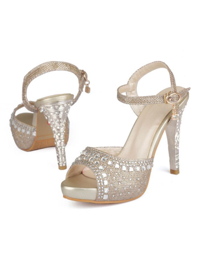 Gouden Avondschoenen Dames Peep Toe Strass Hoge Hak Sandalen Moeder Bruid Schoenen - Champagne