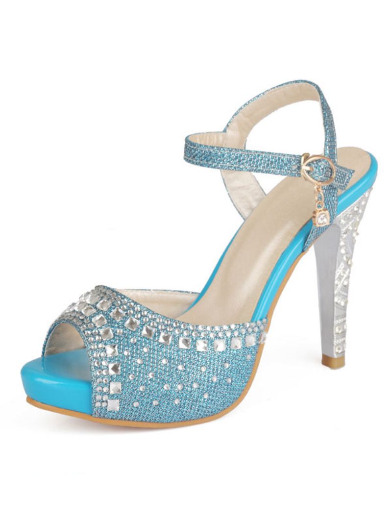 Gouden Avondschoenen Dames Peep Toe Strass Hoge Hak Sandalen Moeder Bruid Schoenen - Blauw