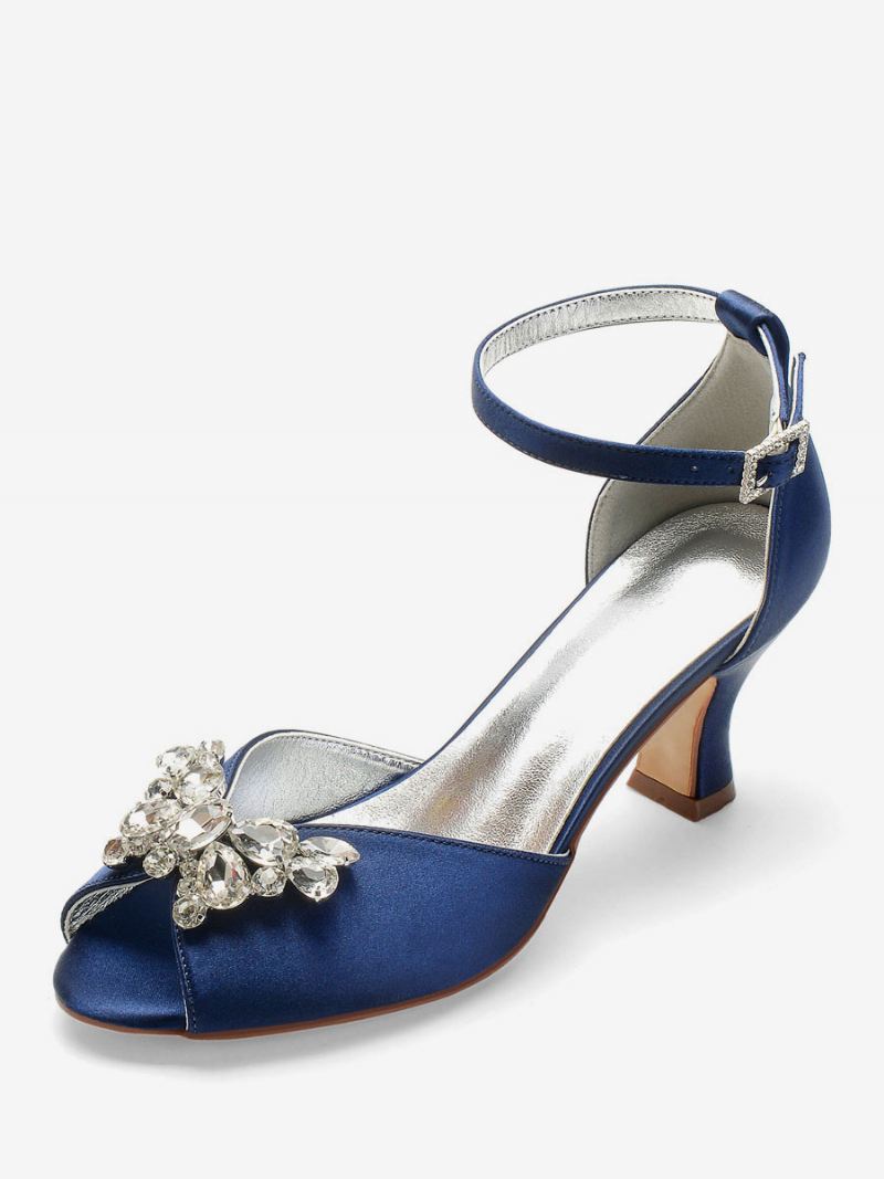 Peep Toe Bruidsschoenen Dames Dikke Lage Hak Met Enkelbandje - Diepblauw