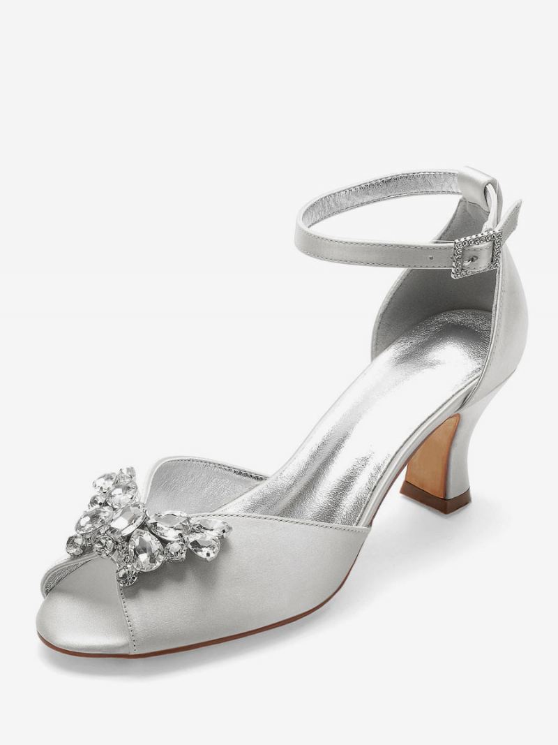 Peep Toe Bruidsschoenen Dames Dikke Lage Hak Met Enkelbandje - Zilver