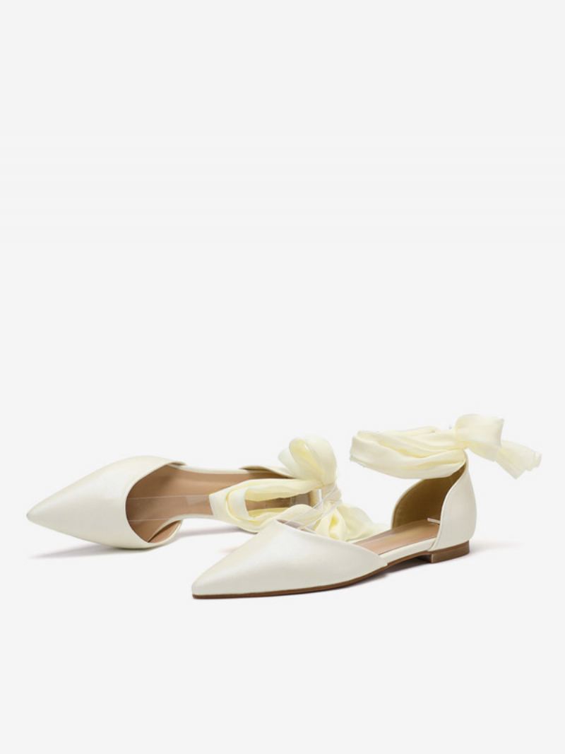 Platte Bruidsschoenen Dames Witte Bruidspumps Met Puntige Neus Veters - Beige