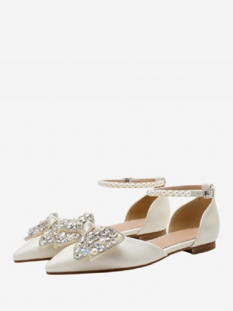 Platte Bruidsschoenen Dames Witte Puntschoen Met Strik Strass Steentjes